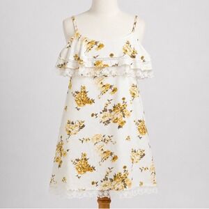 Universal Thread Floral Linen Blend Lace Trim Mini Dress XS Yellow White Boho